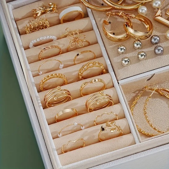 56pc golden Jewelry Set Necklaces, Rings, Faux Pearl Decor Hoop & Studs Earring - Picture 8 of 10